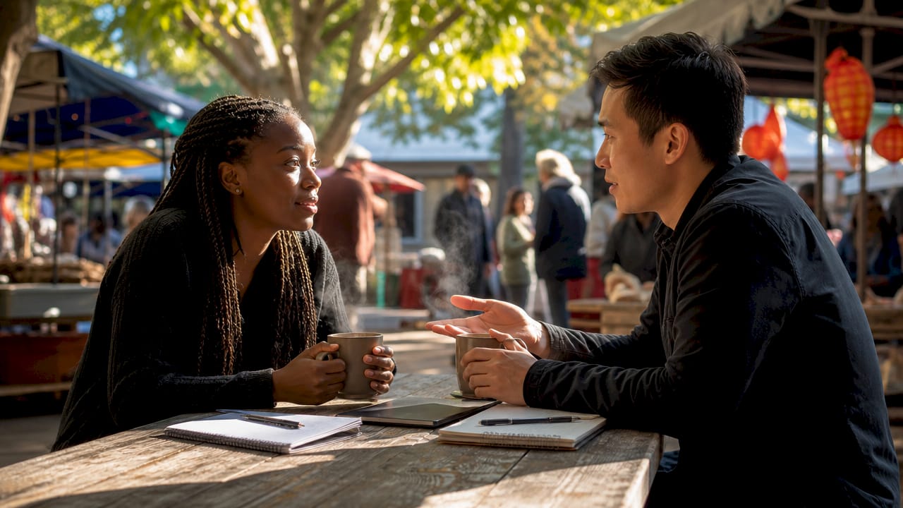 Two founders having peer support discussion in café