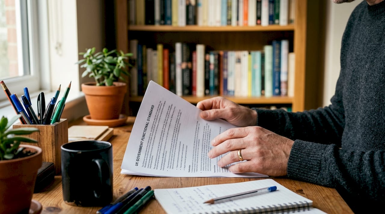 Hands reviewing UK government commercial standards document