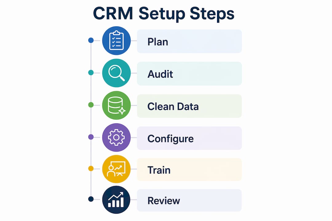 Infographic illustrating step-by-step CRM setup process