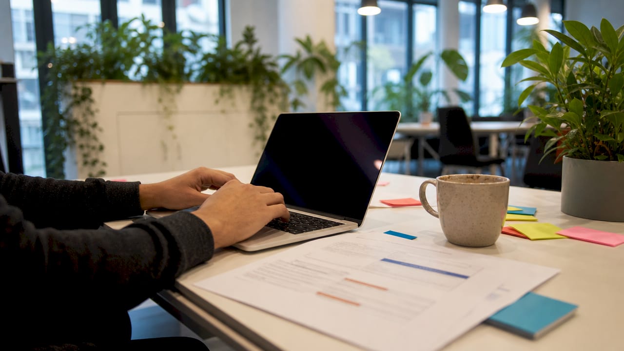 Hands typing near email protocol documents