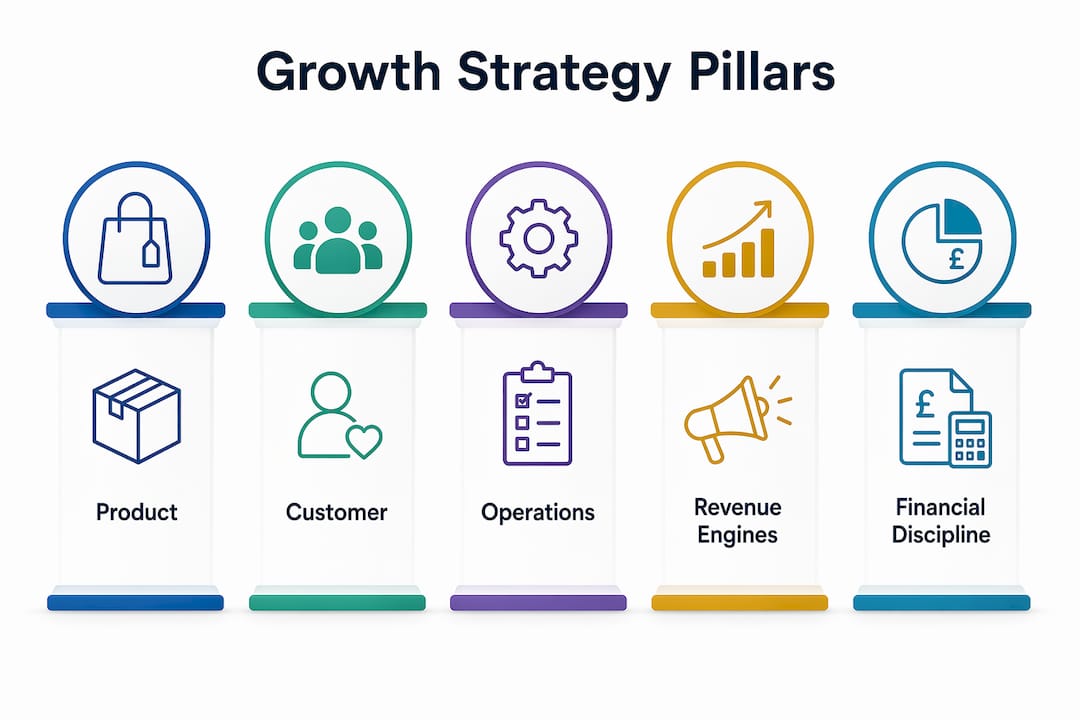 Infographic illustrating ecommerce growth strategy core pillars