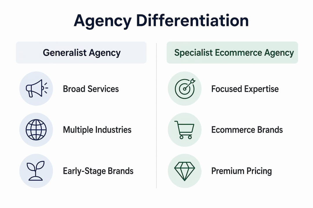 Infographic comparing generalist and specialist ecommerce agencies