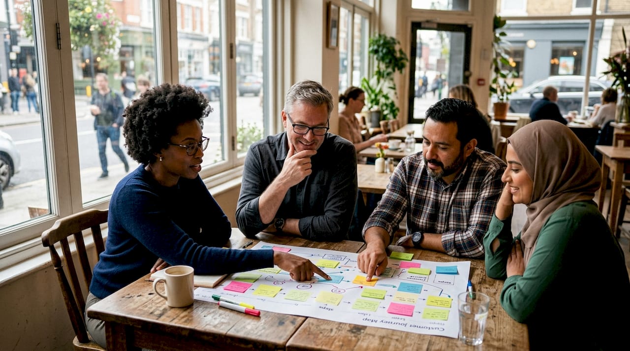 Team discussing customer journey map in meeting room