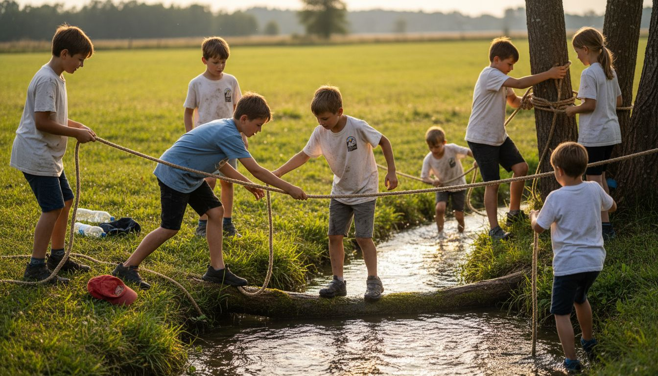 Benefits of Summer Camps for Young Adventurers 3 Kids building rope bridge during teamwork challenge
