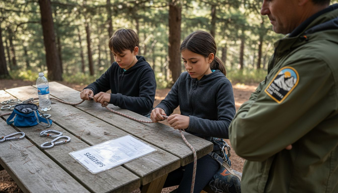 Campers practicing climbing knots outdoors
