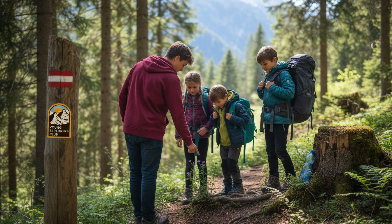Counselor guiding campers on alpine forest trail