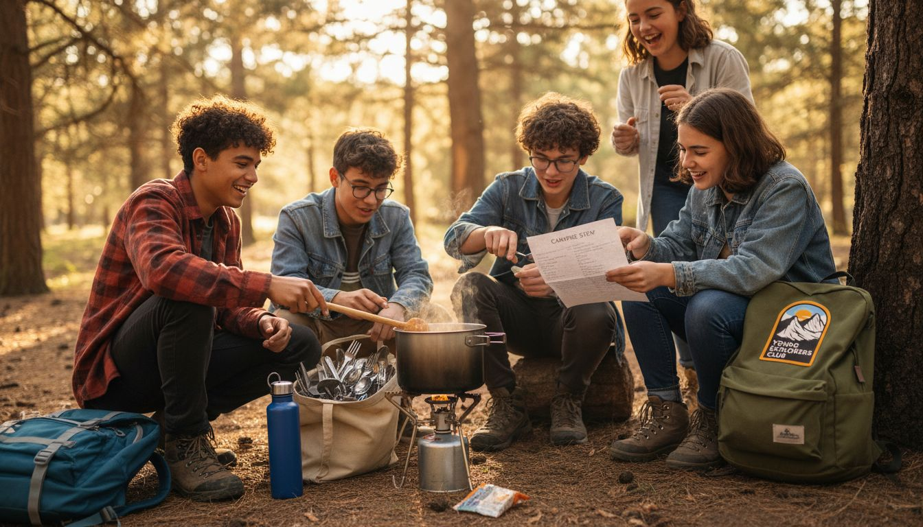 Diverse teens cooking meal at outdoor camp