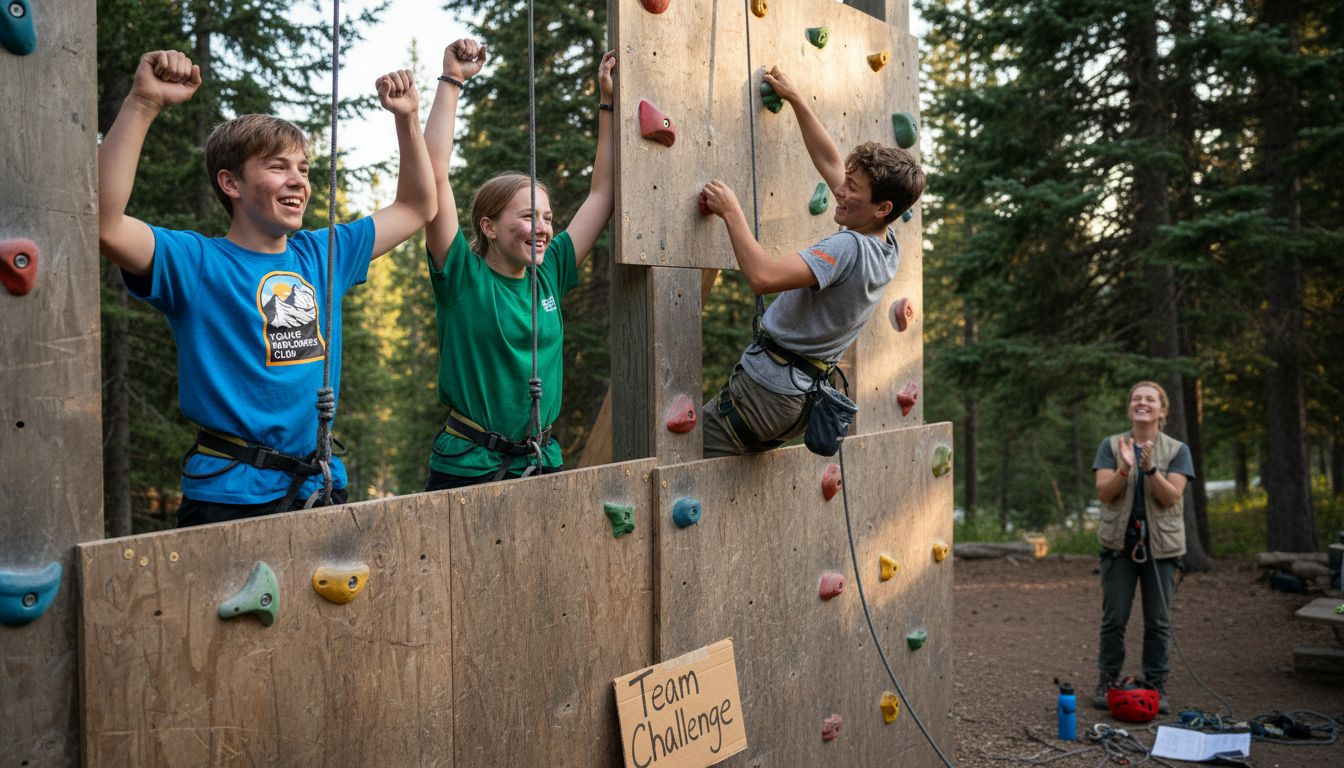 Teens finish teamwork climbing activity