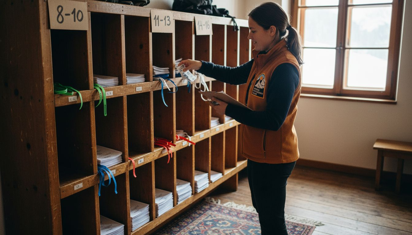 Staff sorting camp materials by age