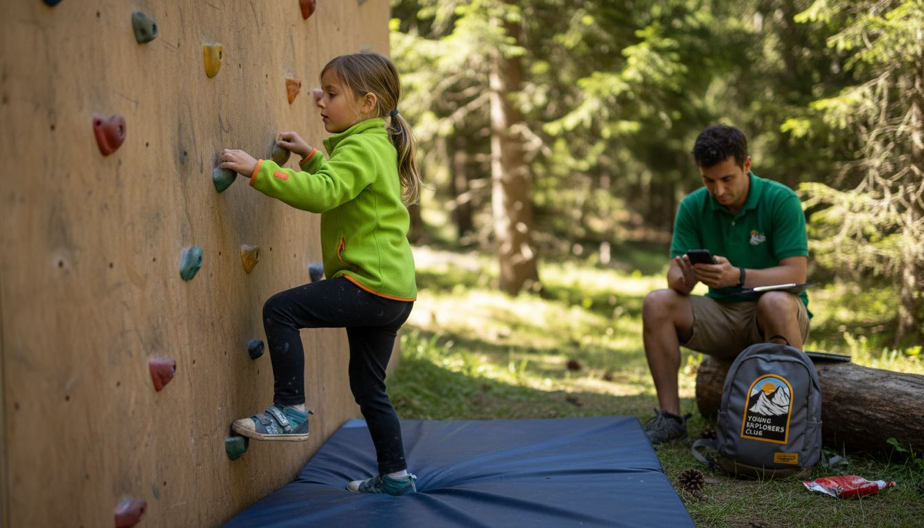 Girl climbs outdoor camp wall while counselor watches
