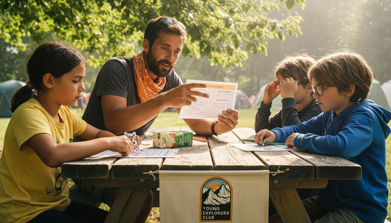 Campers learning language at picnic table