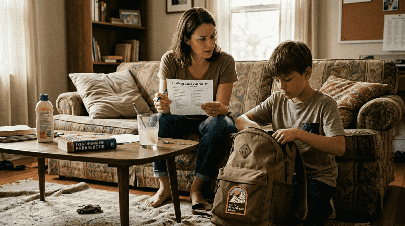 Parent and child preparing camp checklist