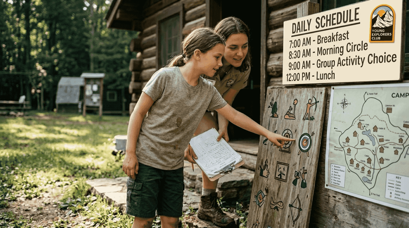 Child selecting camp activities outdoors
