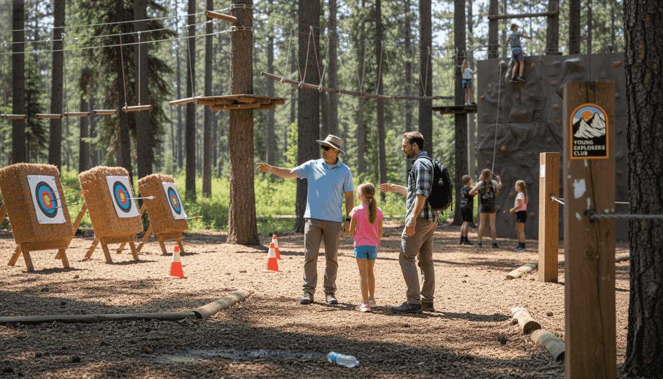 Family touring camp activity areas with director
