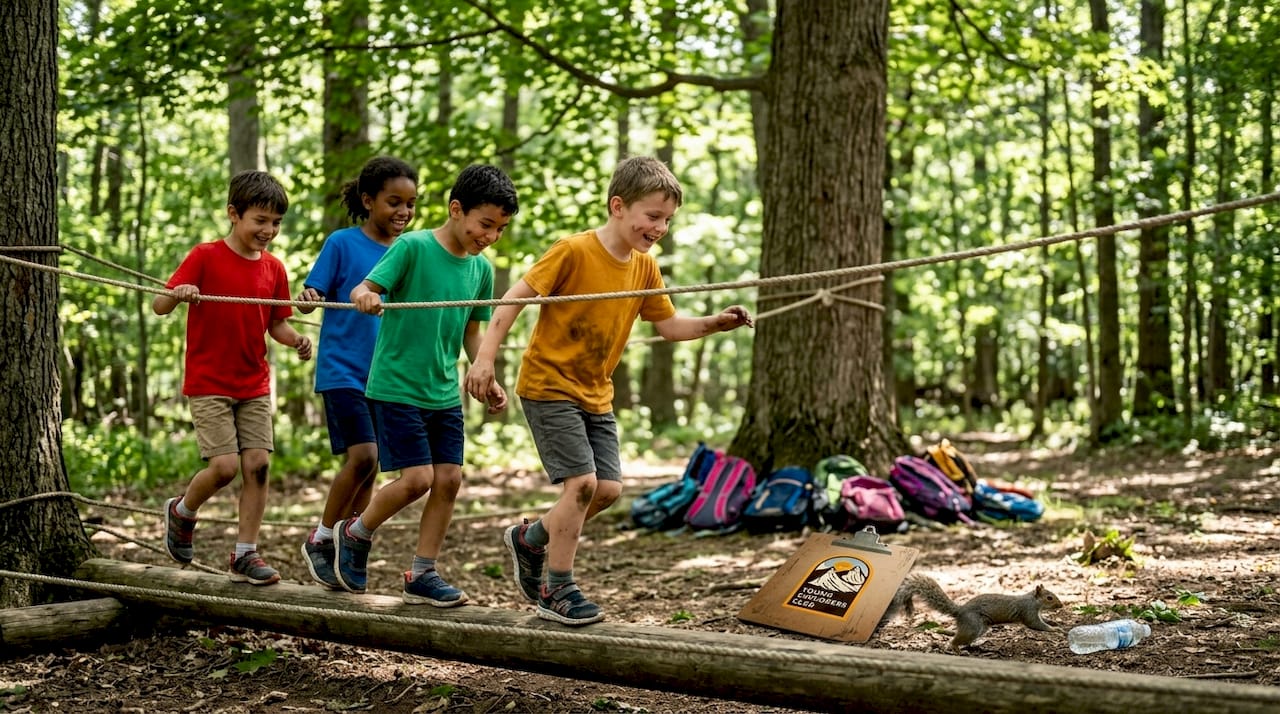 Children navigating ropes course outdoors