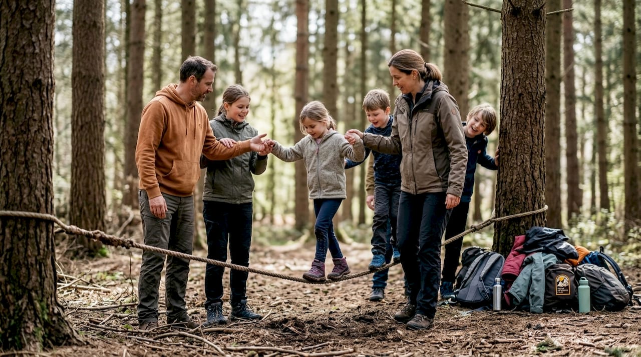 Families collaborating on a ropes course task
