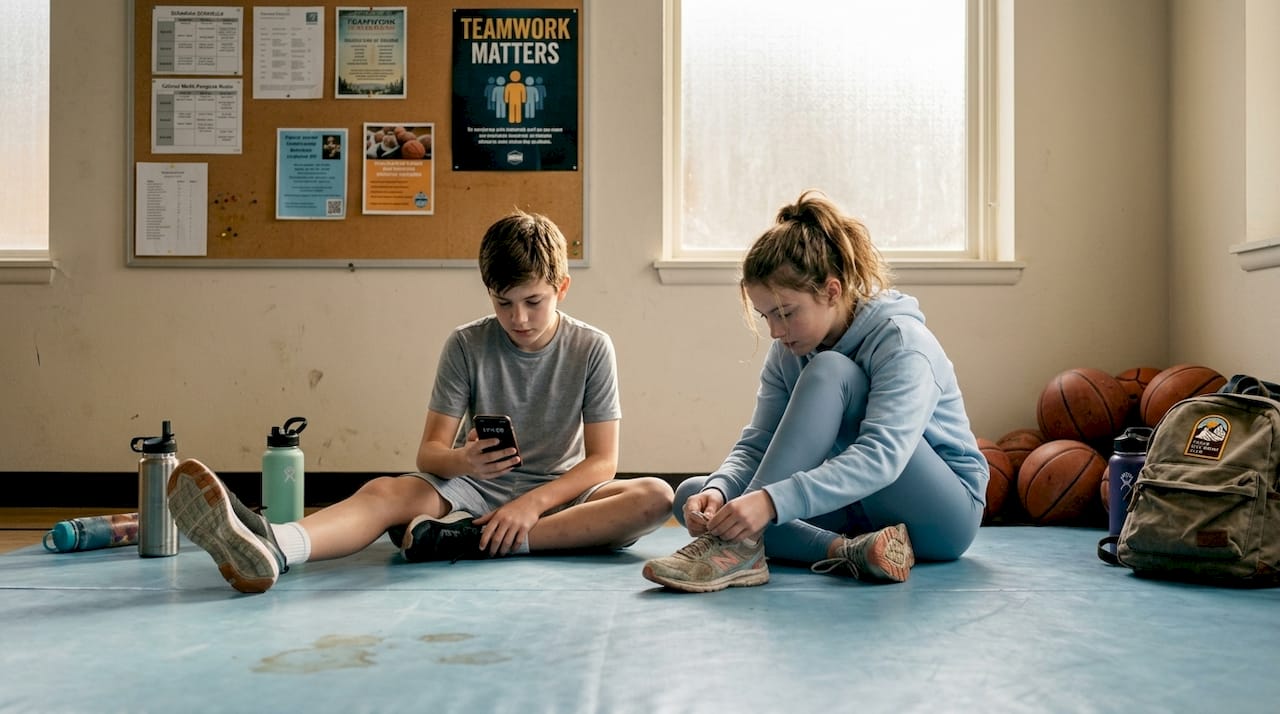Teen athletes stretching at school gym