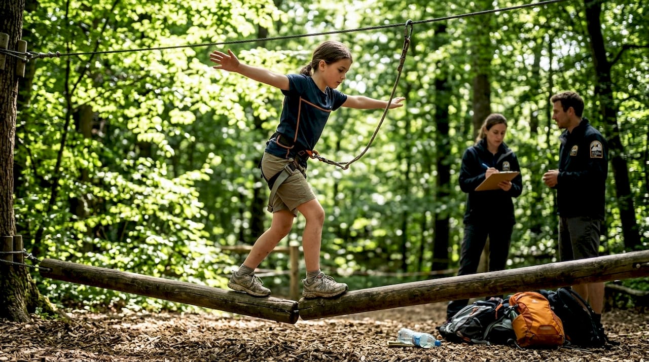 Girl on ropes course balancing skillfully