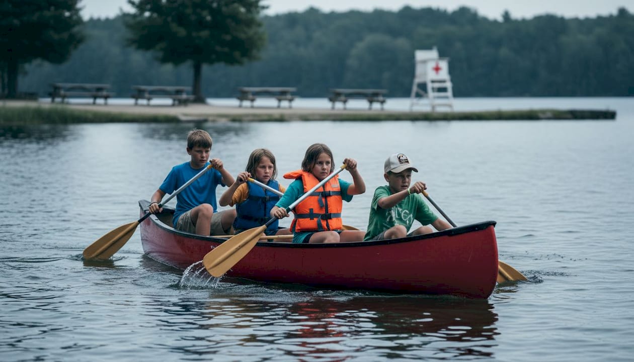 Children paddling canoe lake teamwork