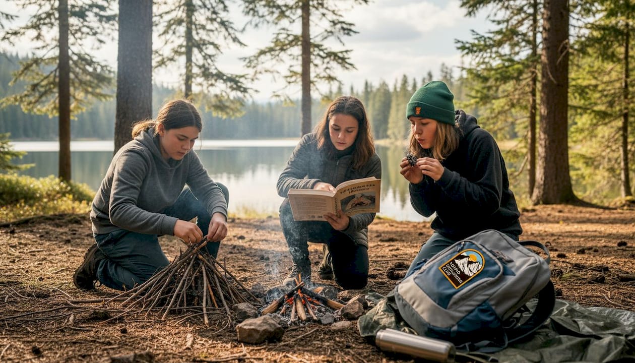 Teens collaborating to start campfire outdoors