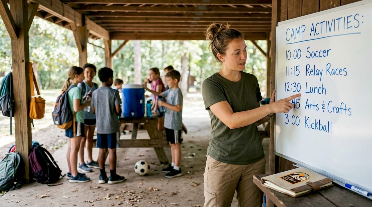 Counselor explaining daily camp schedule