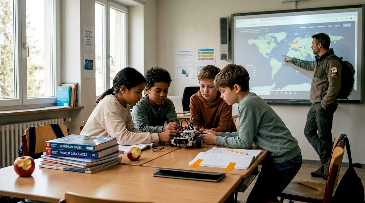 Children collaborating on robotics in bright classroom
