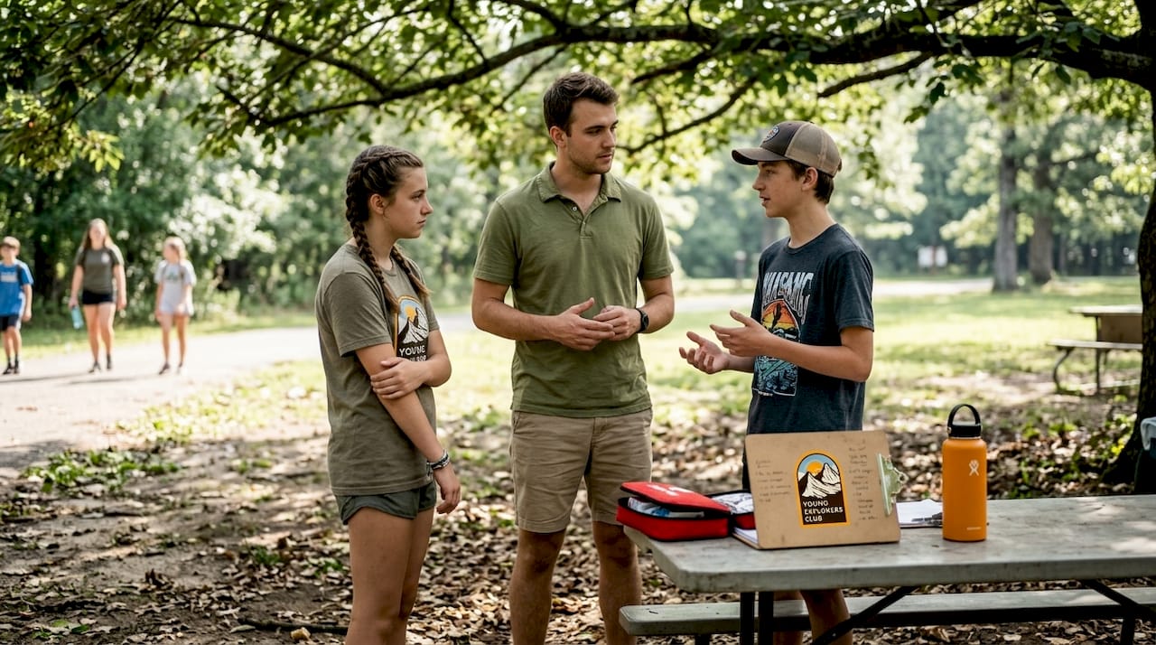 Educator resolving youth dispute outdoors