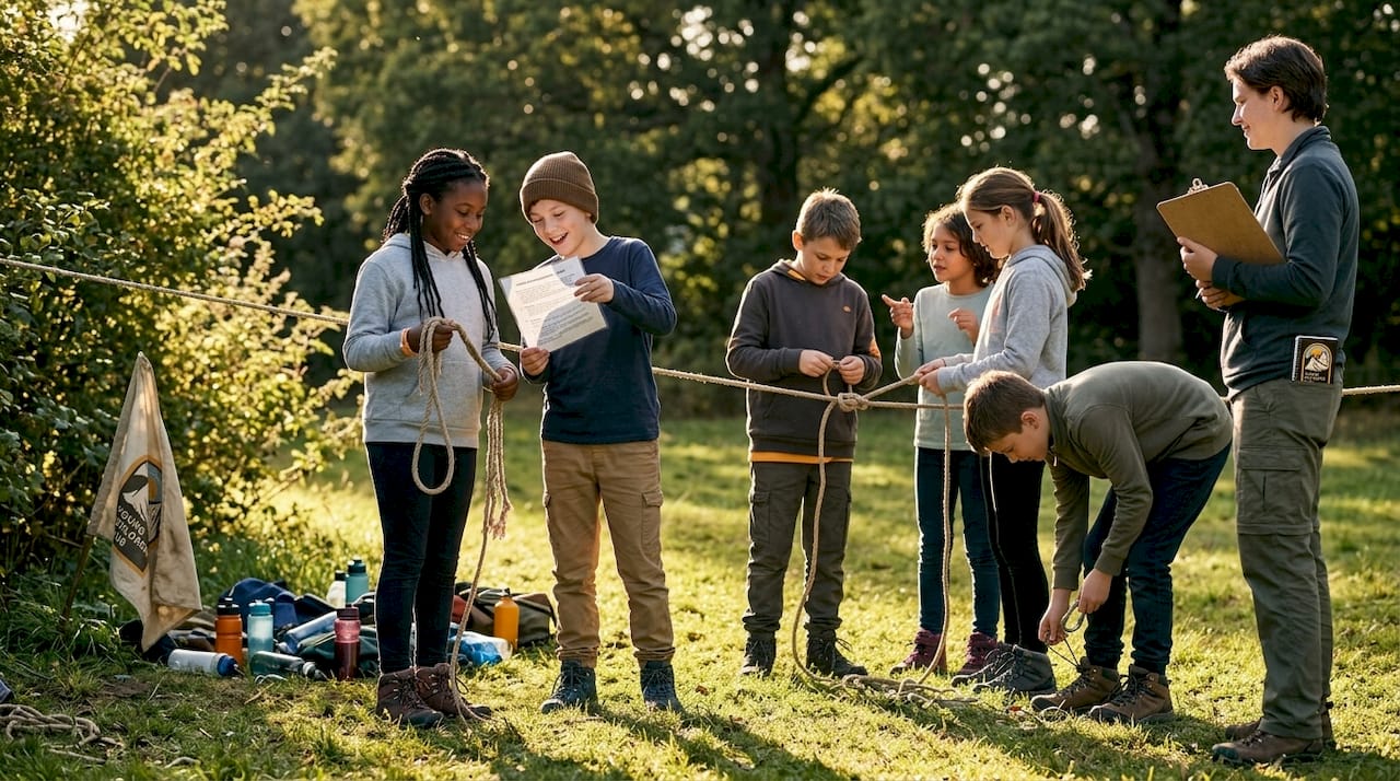 Kids at youth camp rope team challenge