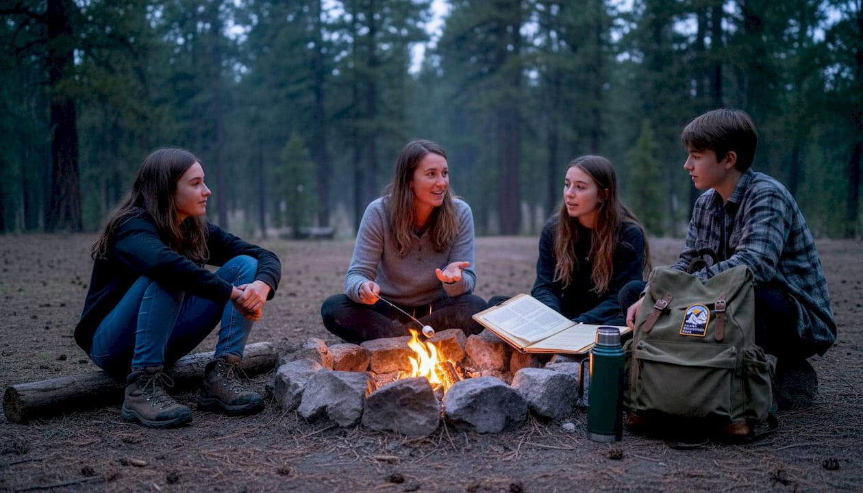 Teens and mentor sharing stories at campfire