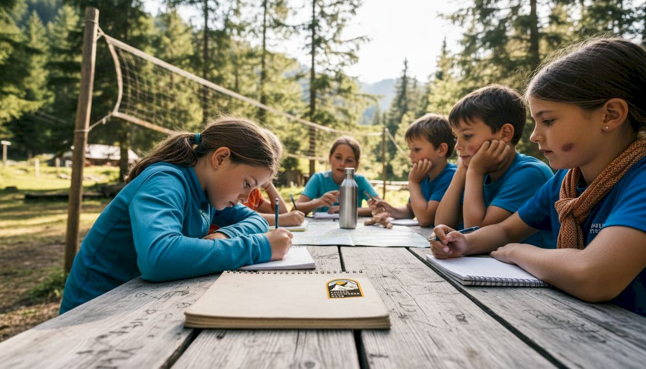 Kids collaborate at outdoor camp workshop