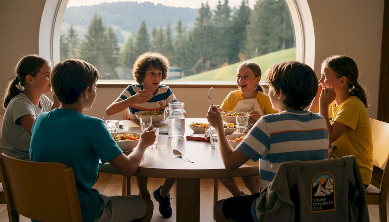 Kids conversing at language camp meal table