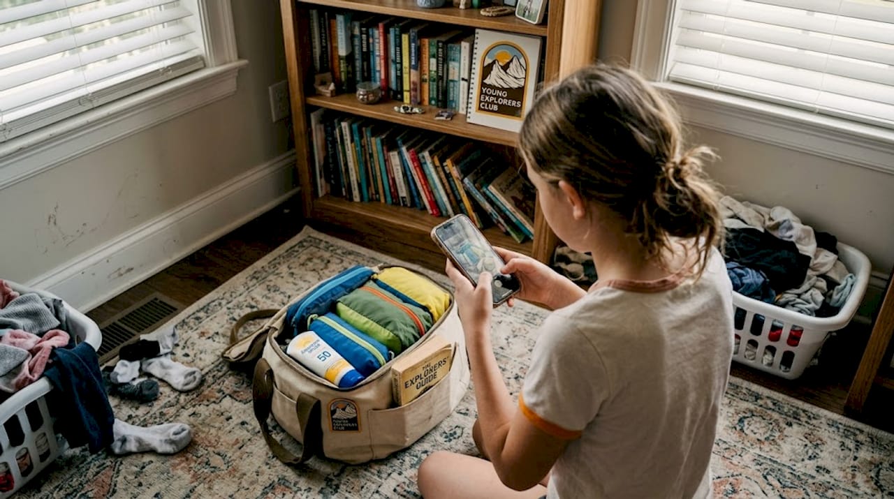 Child photographing open packed camp bag