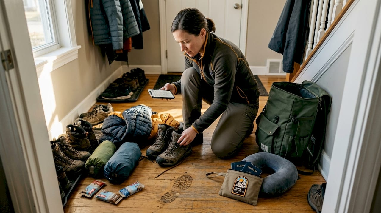 Mom packs mountain camp clothing and gear
