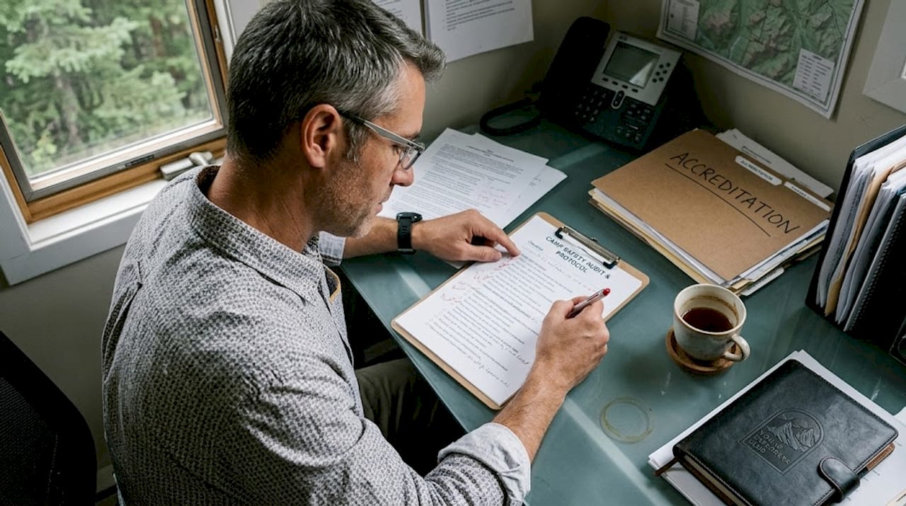 Camp director reviews bilingual camp safety paperwork
