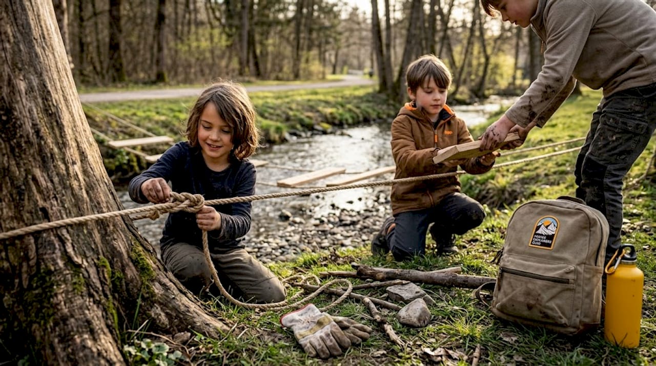 Kids build rope bridge during outdoor challenge