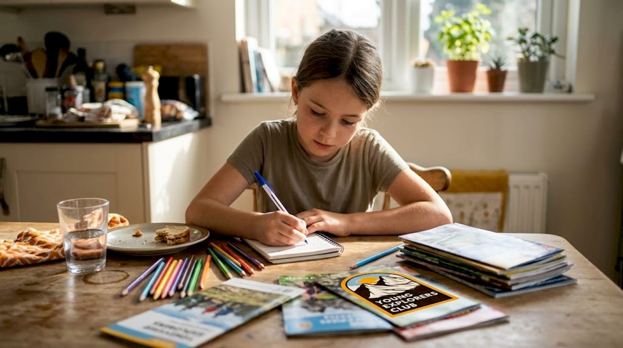 Child writing adventure journal in kitchen
