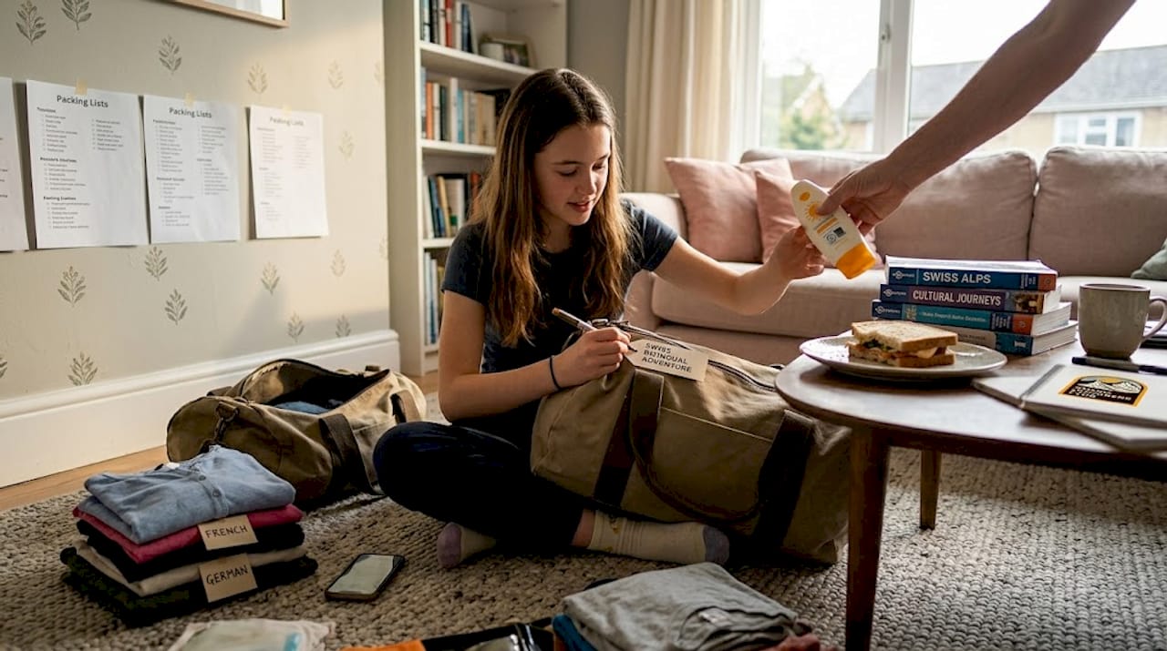 Teen packing duffel for bilingual camp