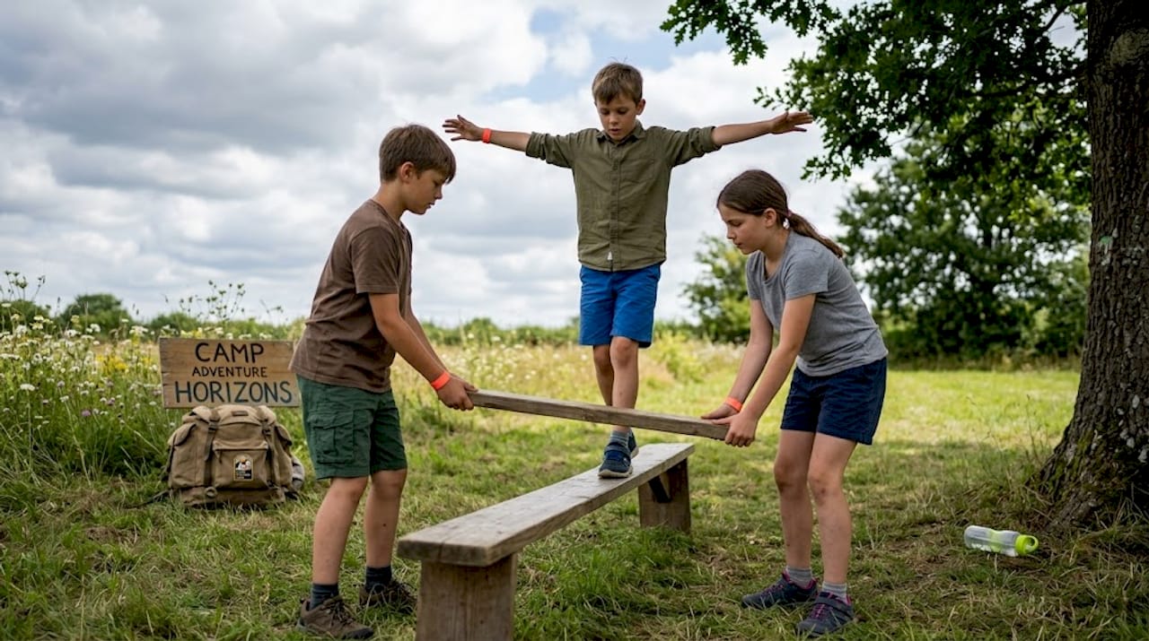 Campers helping each other on obstacle course