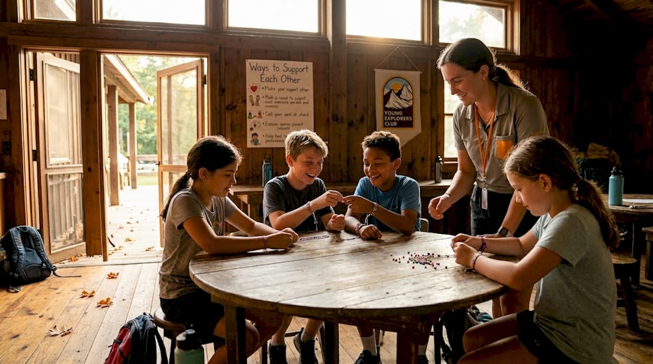 Campers collaborating indoors on creative activity