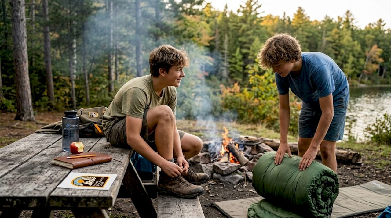 Teen adjusting boots at outdoor campfire scene