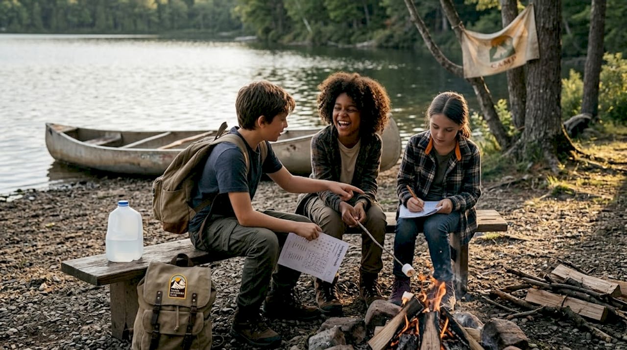 Kids learning language at lakeside camp