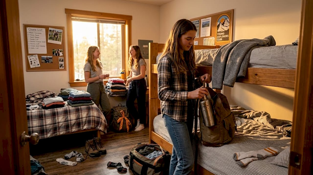 Teen girl packs bag in camp cabin