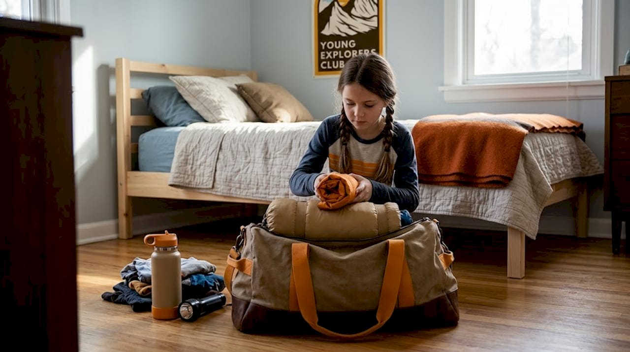 Child packing essential camping gear at home