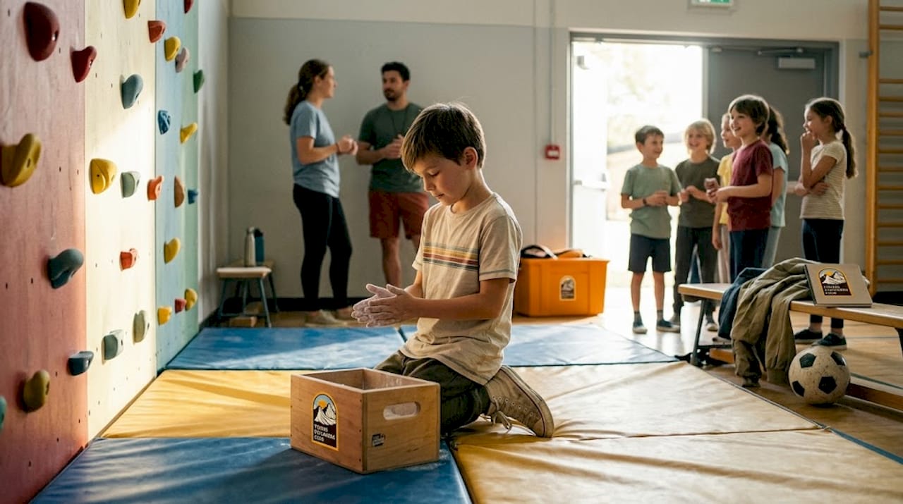 Child preparing for climbing wall challenge