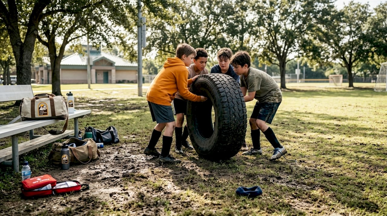 Kids move tire during teamwork challenge