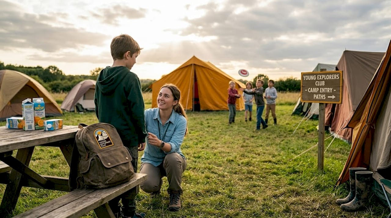 Counselor supporting shy camper at field edge