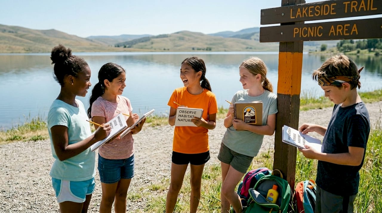 Diverse children at lakeside bilingual camp