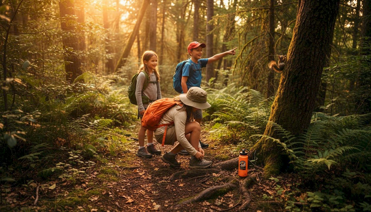 Kids hiking muddy forest trail outdoors
