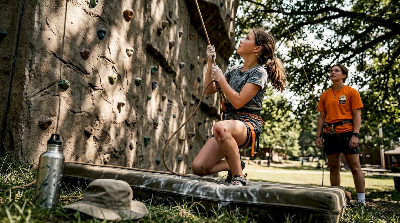 Teen girl learns rock climbing at camp
