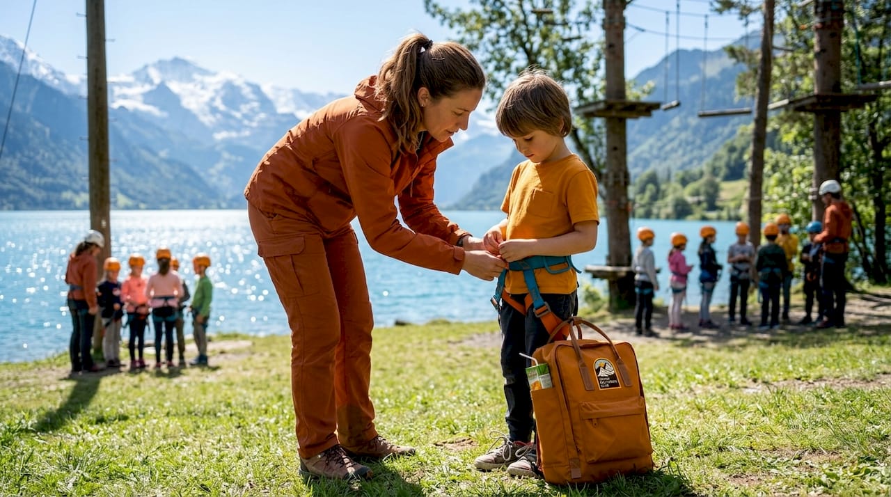 Mentor assisting young camper harness ropes course